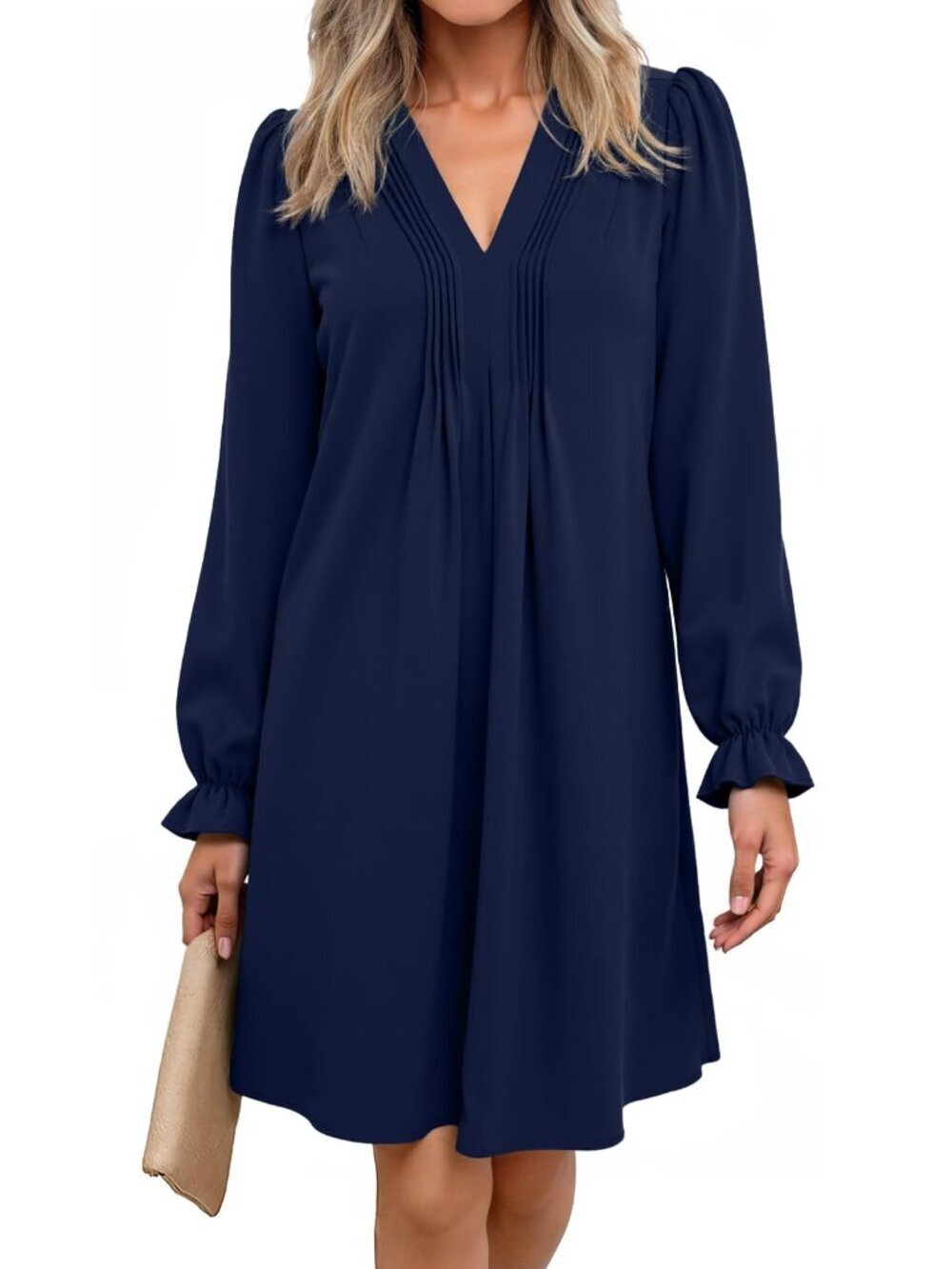 🆕 Womens Casual Dress A-Line Ruffle Sleeve V Neck Mini Dress Fashion Pleated